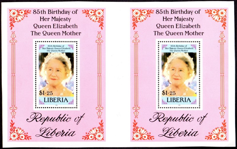 Liberia 1985 85th Birthday of Queen Elizabeth, The Queen Mother Souvenir Sheet Pair Liberia 1985 85th Birthday of Queen Elizabeth, The Queen Mother Souvenir Sheet Pair
